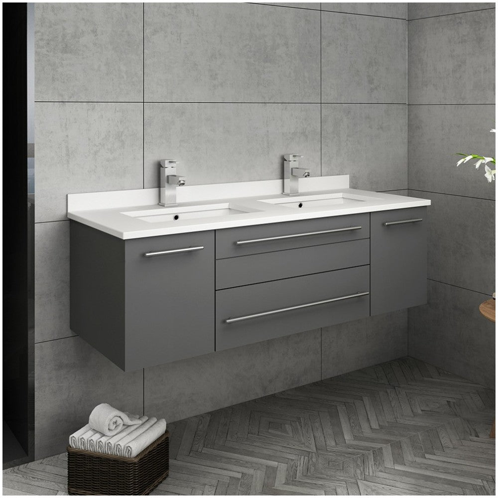 Lucera 48 Gray Wall Hung Modern Bathroom Cabinet w/ Top, Double Undermount Sinks