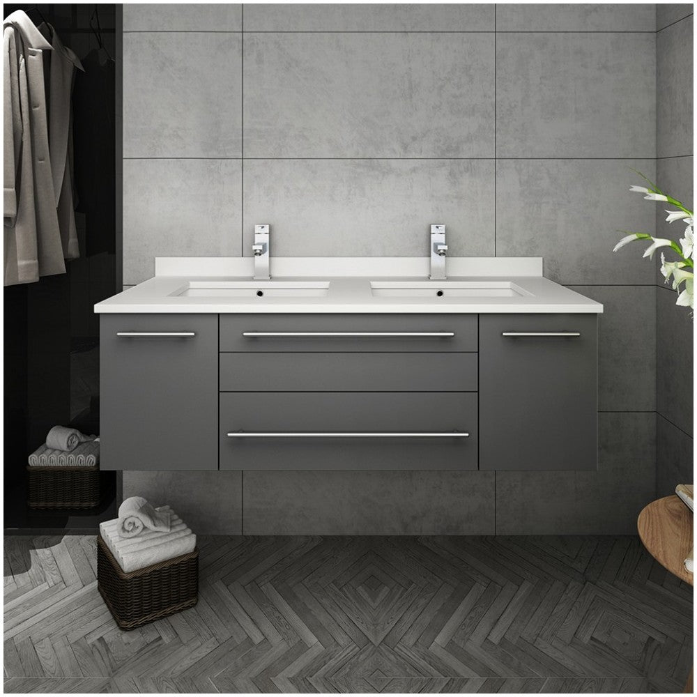Lucera 48 Gray Wall Hung Modern Bathroom Cabinet w/ Top, Double Undermount Sinks