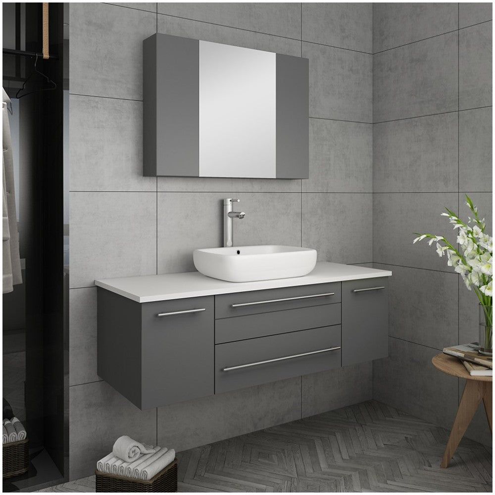 Lucera 48" Gray Wall Hung Vessel Sink Modern Bathroom Vanity w/ Medicine Cabinet