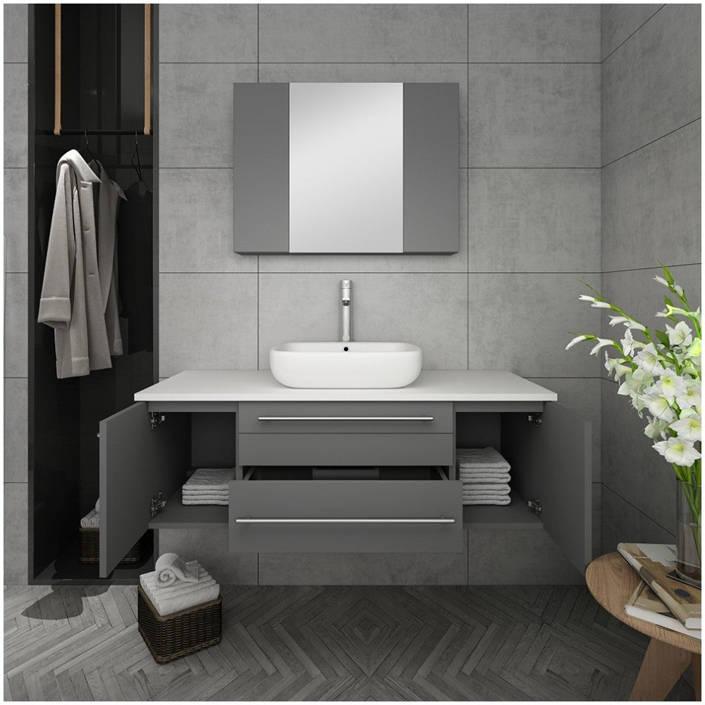 Lucera 48" Gray Wall Hung Vessel Sink Modern Bathroom Vanity w/ Medicine Cabinet