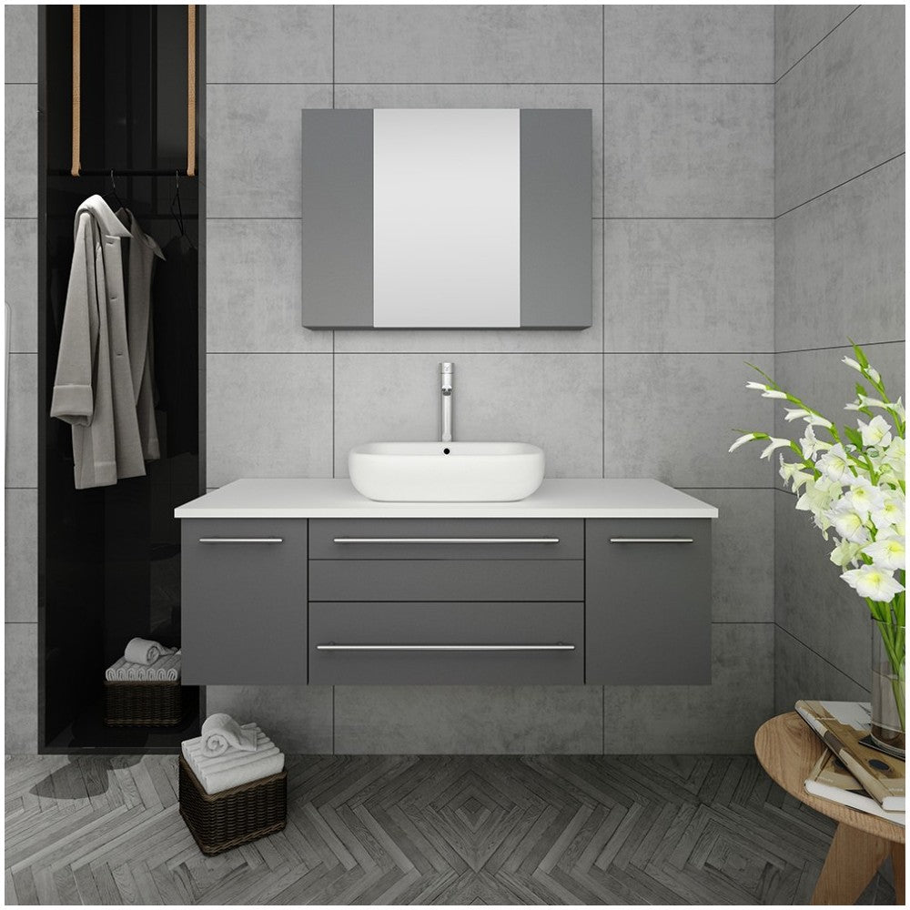 Lucera 48" Gray Wall Hung Vessel Sink Modern Bathroom Vanity w/ Medicine Cabinet