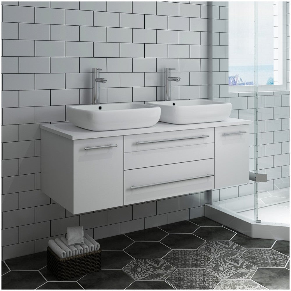 Lucera 48" White Wall Hung Modern Bathroom Cabinet w/ Top & Double Vessel Sinks