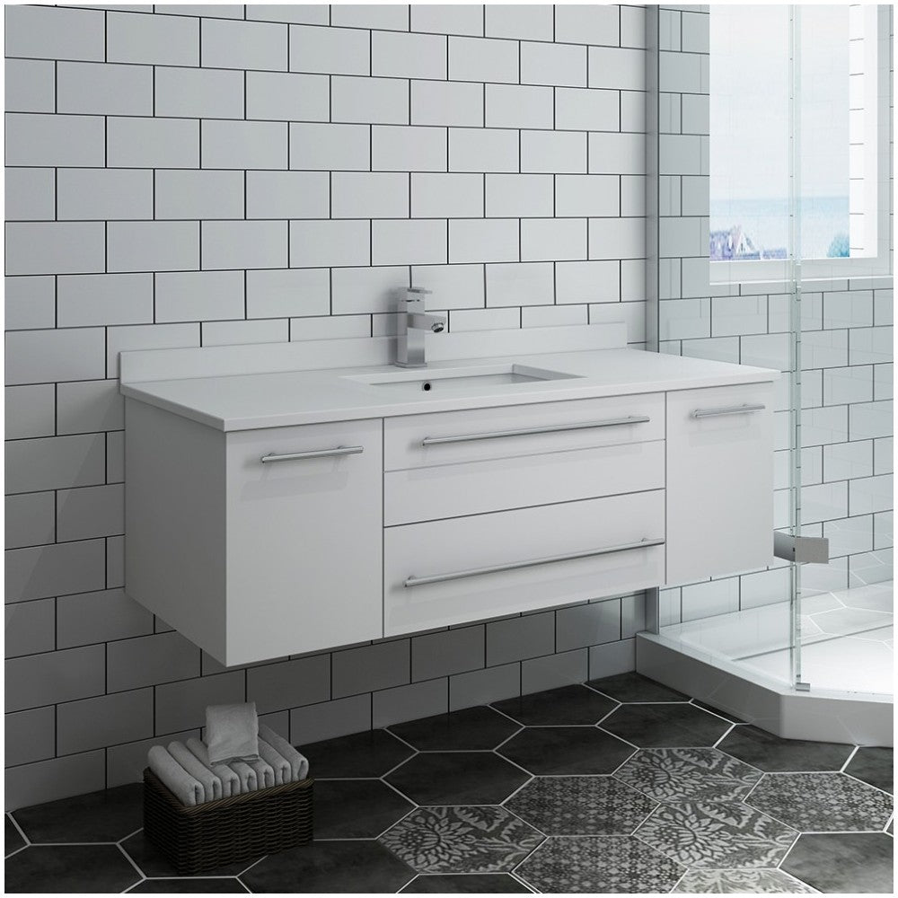 Lucera 48" White Wall Hung Modern Bathroom Cabinet w/ Top & Undermount Sink