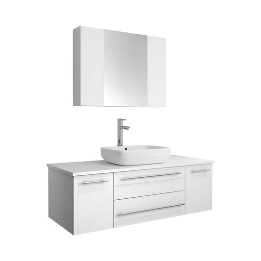 Lucera 48 White Wall Hung Vessel Sink Modern Bathroom Vanity w/ Medicine Cabinet