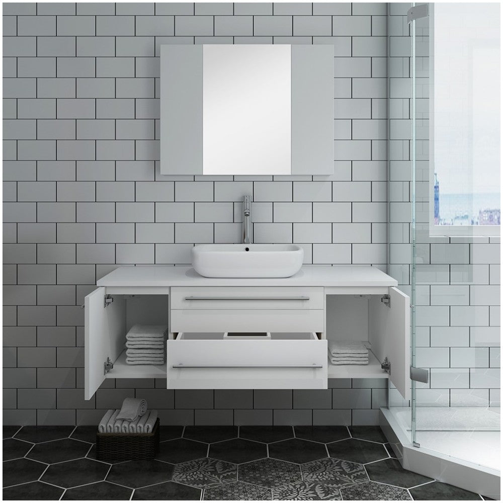 Lucera 48 White Wall Hung Vessel Sink Modern Bathroom Vanity w/ Medicine Cabinet