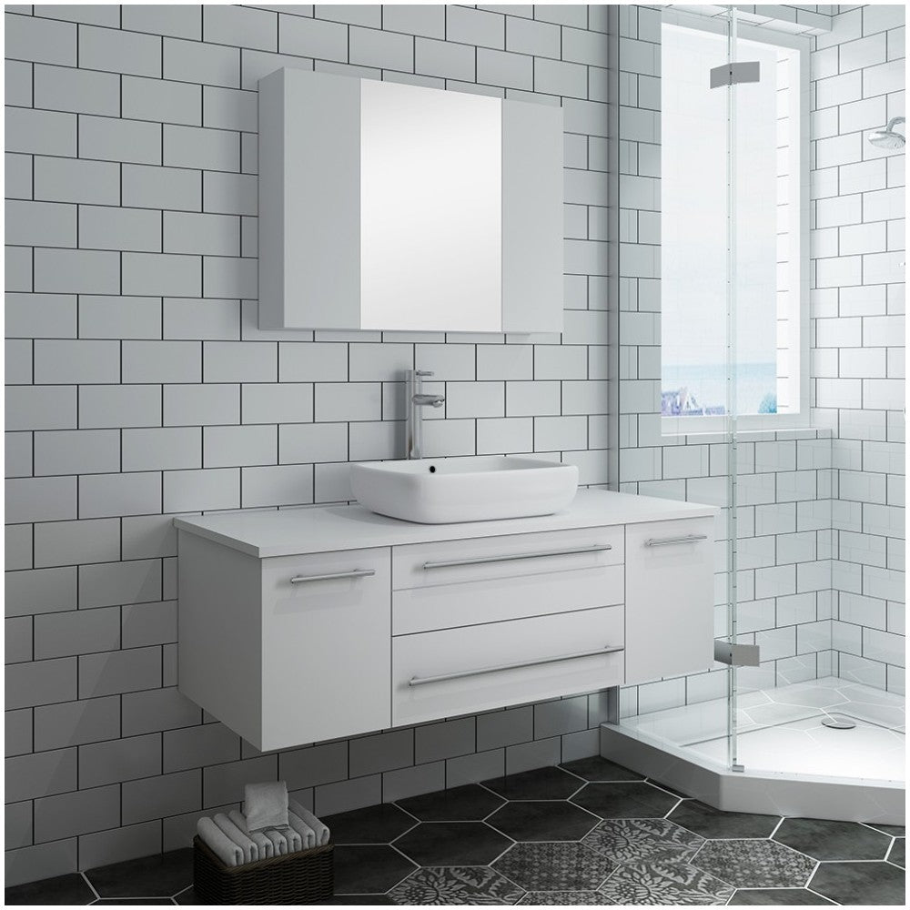 Lucera 48 White Wall Hung Vessel Sink Modern Bathroom Vanity w/ Medicine Cabinet