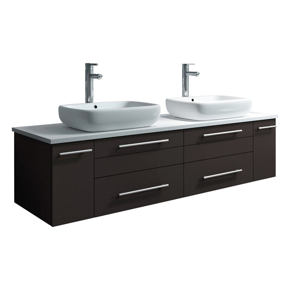 Lucera 60 Espresso Wall Hung Modern Bathroom Cabinet w/ Top, Double Vessel Sinks