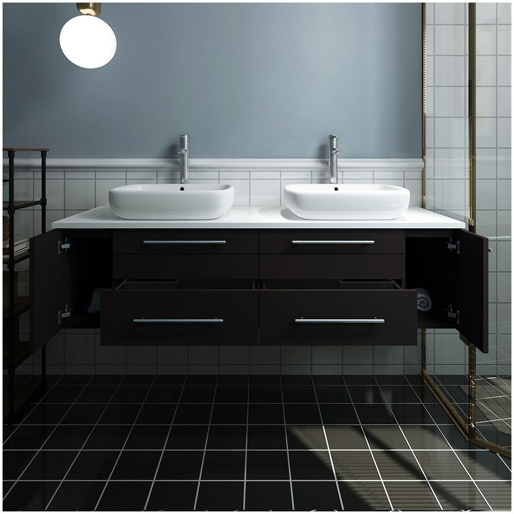 Lucera 60 Espresso Wall Hung Modern Bathroom Cabinet w/ Top, Double Vessel Sinks