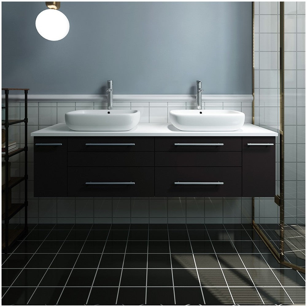 Lucera 60 Espresso Wall Hung Modern Bathroom Cabinet w/ Top, Double Vessel Sinks