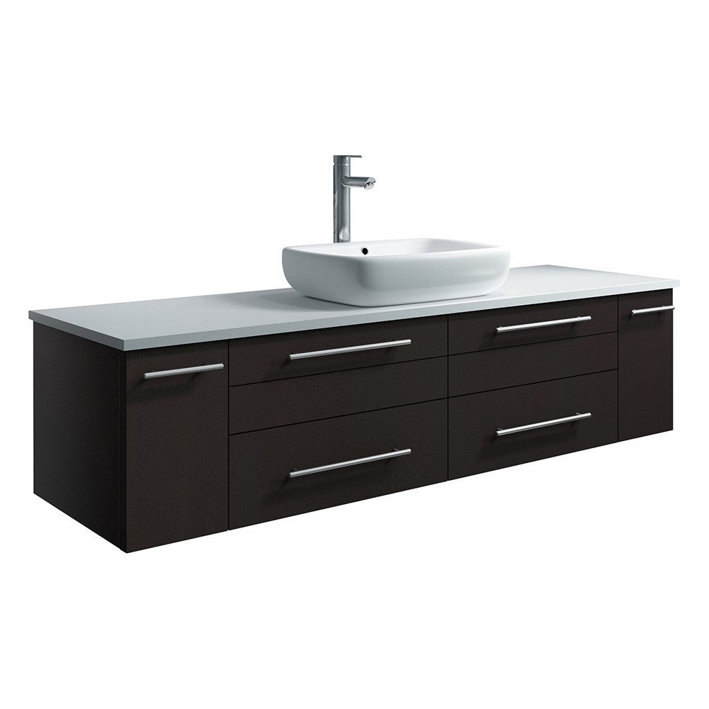 Lucera 60 Espresso Wall Hung Modern Bathroom Cabinet w/ Top & Single Vessel Sink