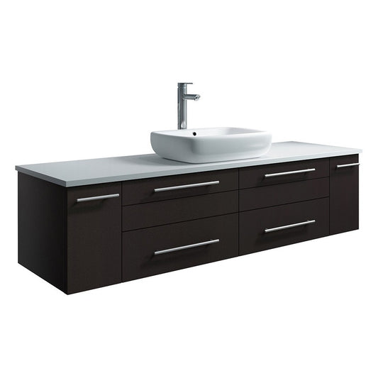 Lucera 60 Espresso Wall Hung Modern Bathroom Cabinet w/ Top & Single Vessel Sink