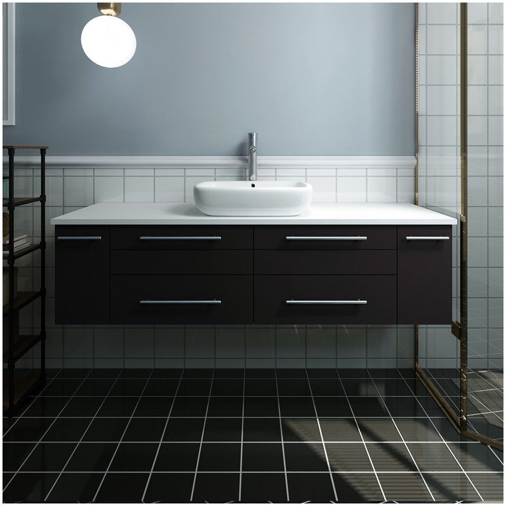 Lucera 60 Espresso Wall Hung Modern Bathroom Cabinet w/ Top & Single Vessel Sink