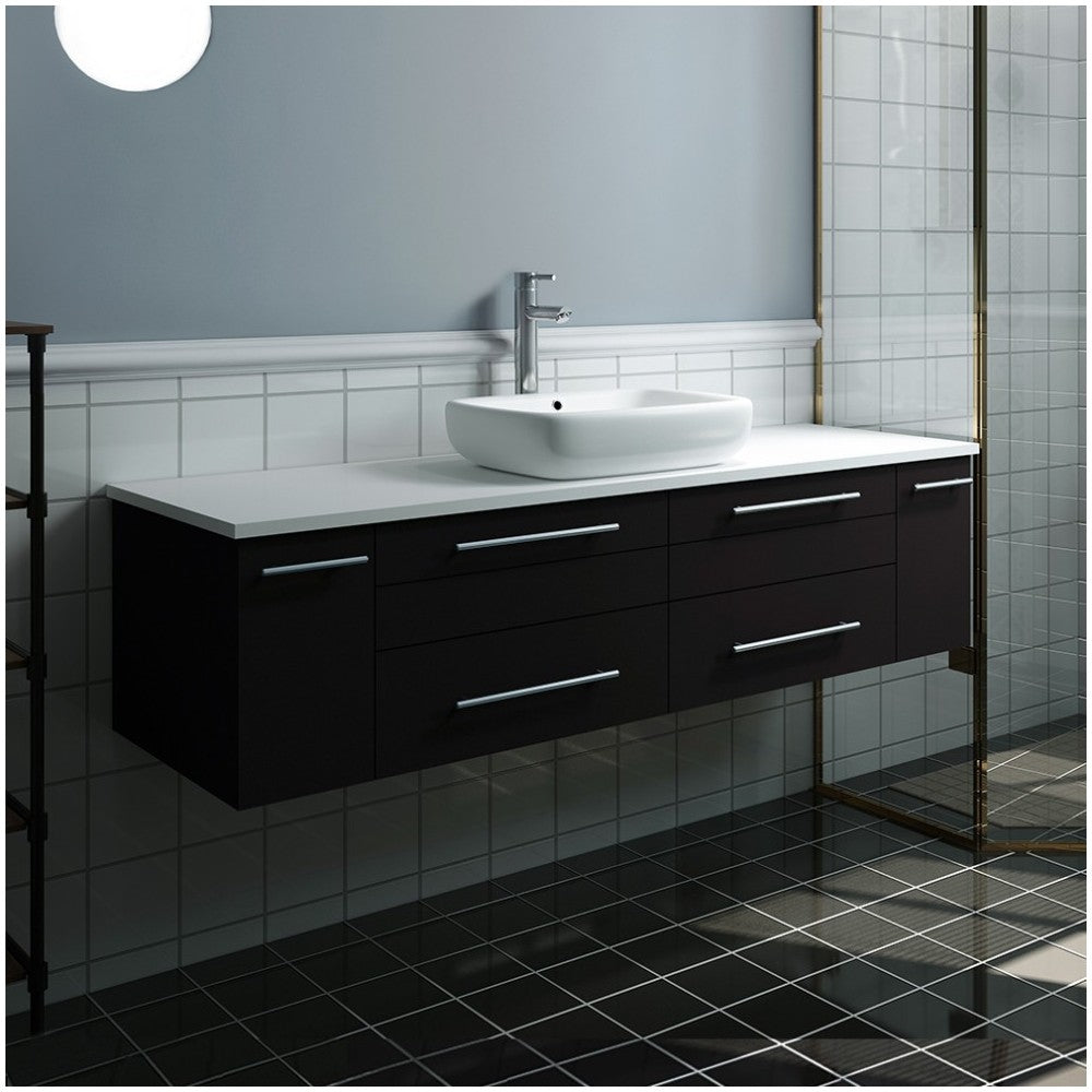 Lucera 60 Espresso Wall Hung Modern Bathroom Cabinet w/ Top & Single Vessel Sink