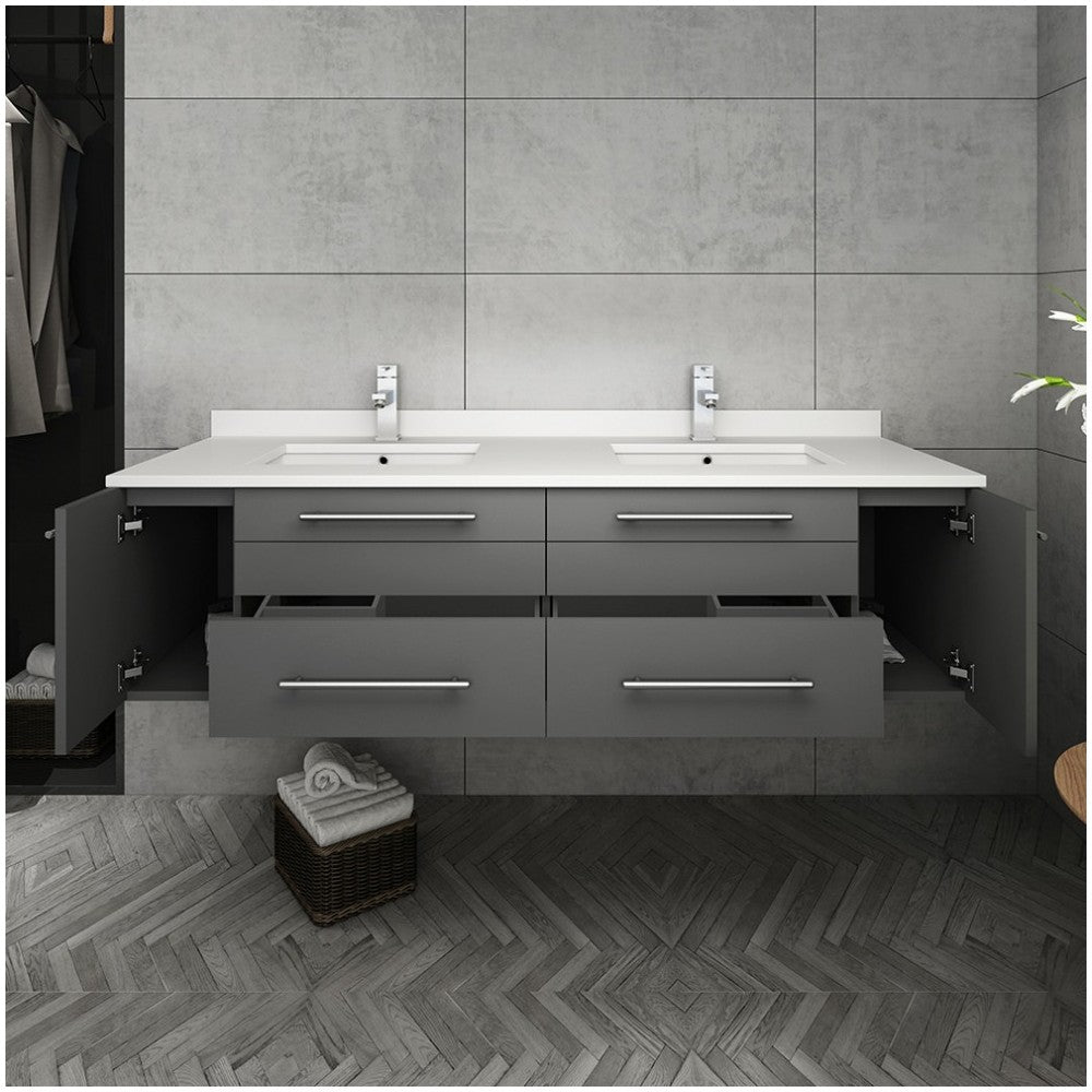 Lucera 60 Gray Wall Hung Modern Bathroom Cabinet w/ Top, Double Undermount Sinks