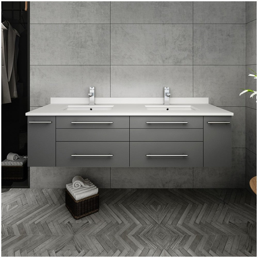 Lucera 60 Gray Wall Hung Modern Bathroom Cabinet w/ Top, Double Undermount Sinks