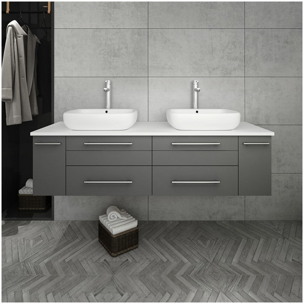 Lucera 60" Gray Wall Hung Modern Bathroom Cabinet w/ Top & Double Vessel Sinks