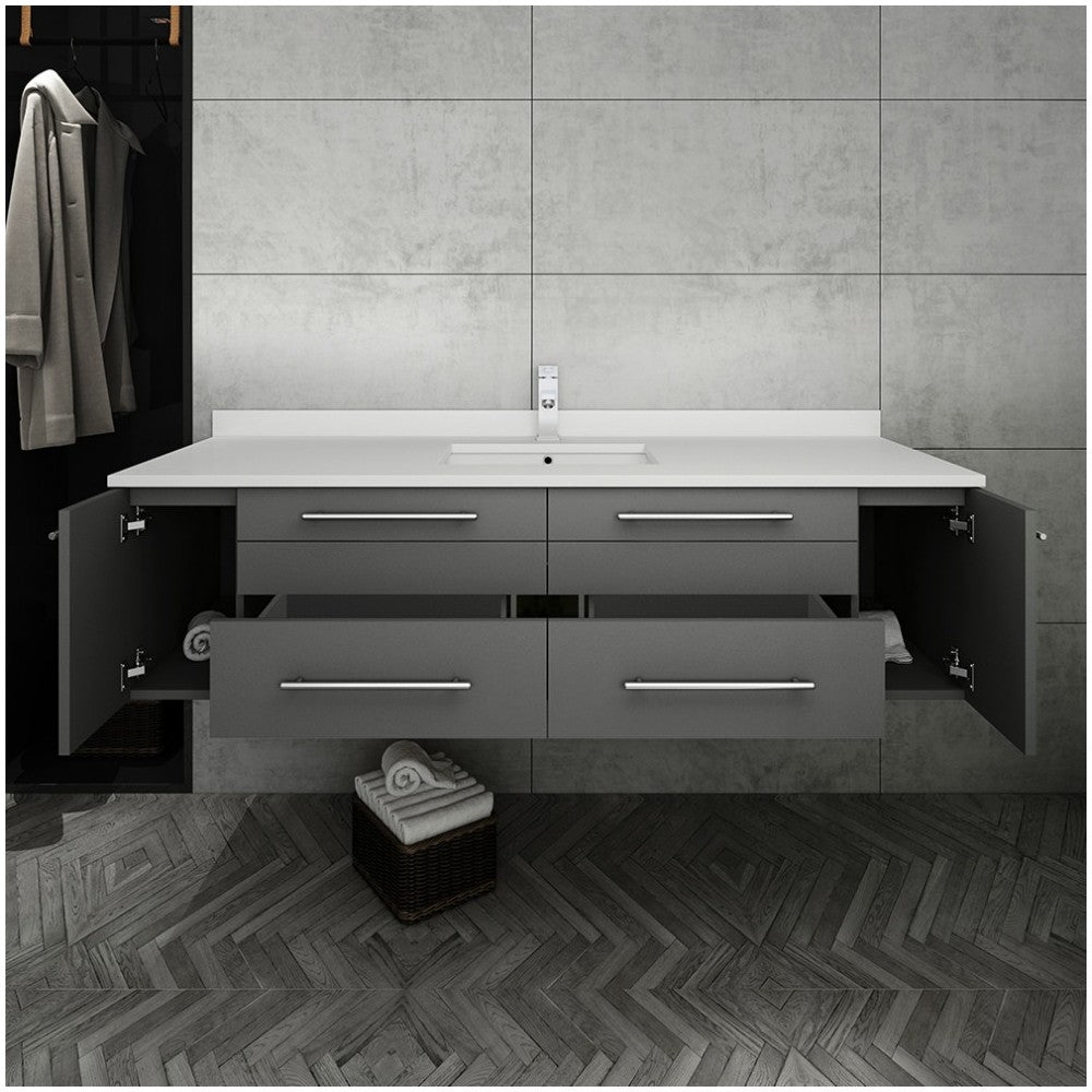 Lucera 60 Gray Wall Hung Modern Bathroom Cabinet w/ Top & Single Undermount Sink
