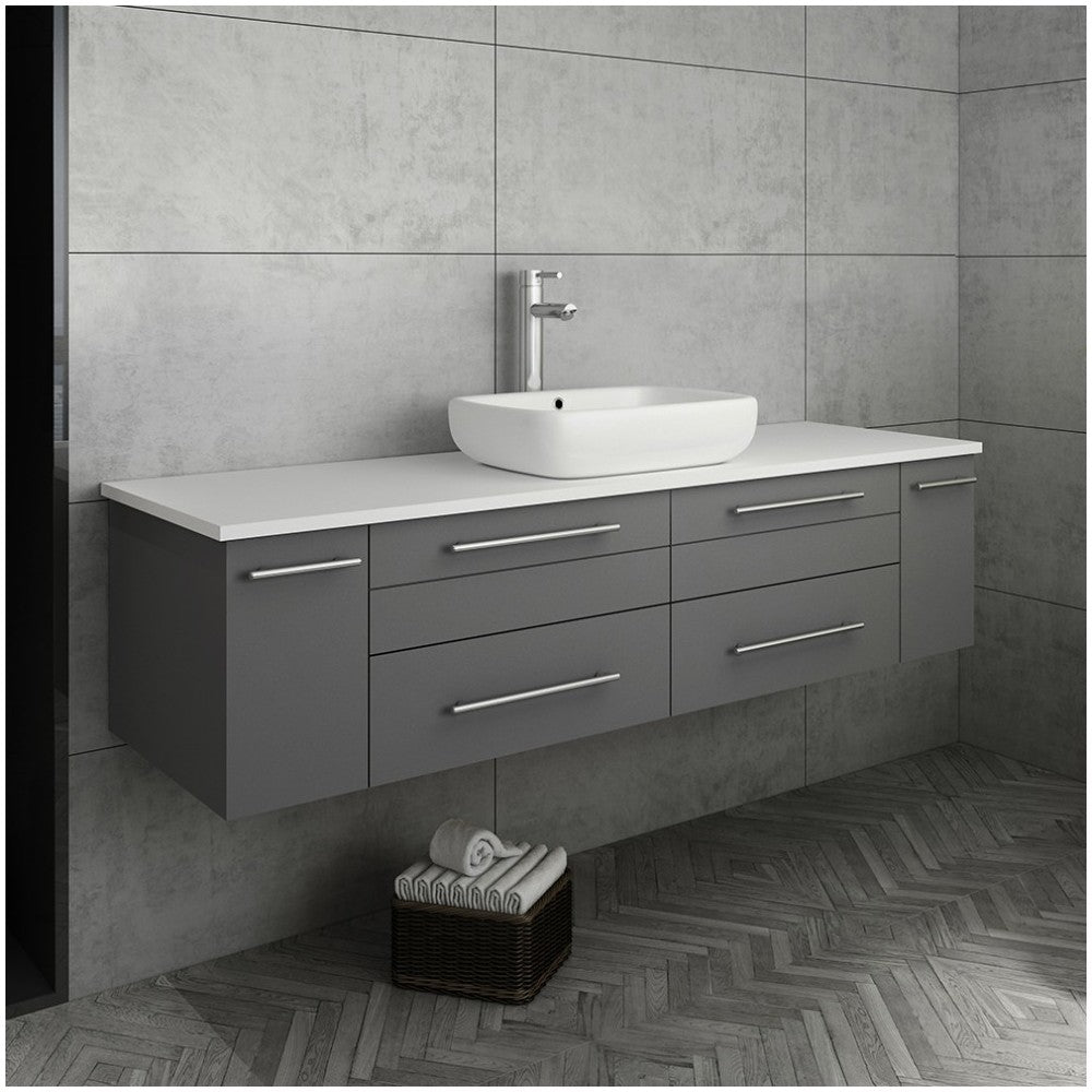 Lucera 60" Gray Wall Hung Modern Bathroom Cabinet w/ Top & Single Vessel Sink