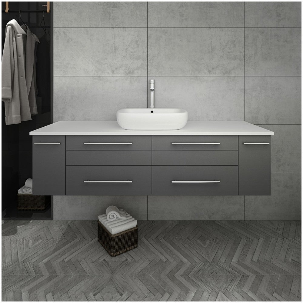 Lucera 60" Gray Wall Hung Modern Bathroom Cabinet w/ Top & Single Vessel Sink