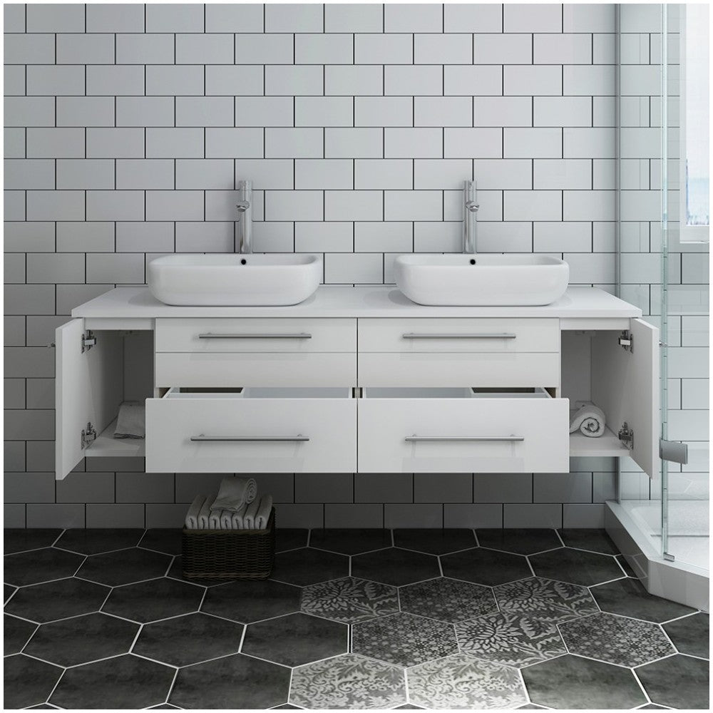 Lucera 60" White Wall Hung Modern Bathroom Cabinet w/ Top & Double Vessel Sinks