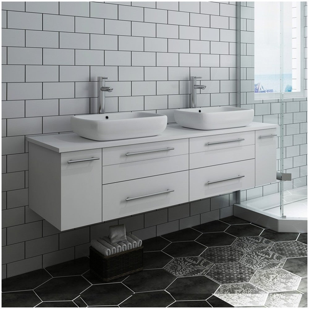Lucera 60" White Wall Hung Modern Bathroom Cabinet w/ Top & Double Vessel Sinks