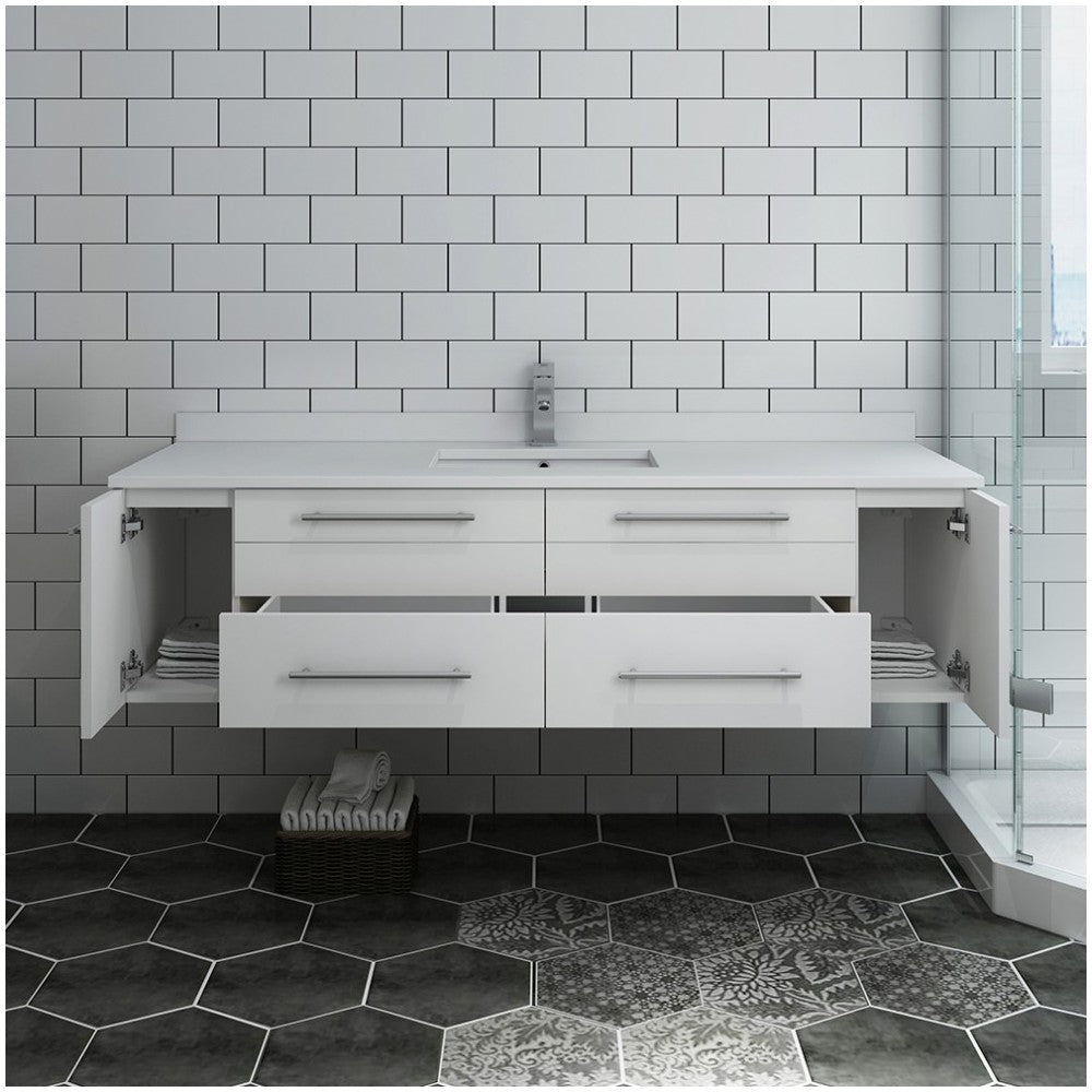 Lucera 60 White Wall Hung Modern Bathroom Cabinet w/ Top, Single Undermount Sink