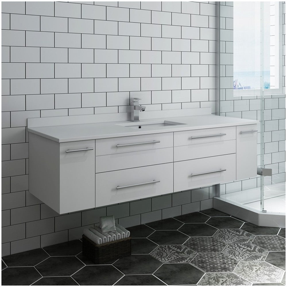 Lucera 60 White Wall Hung Modern Bathroom Cabinet w/ Top, Single Undermount Sink