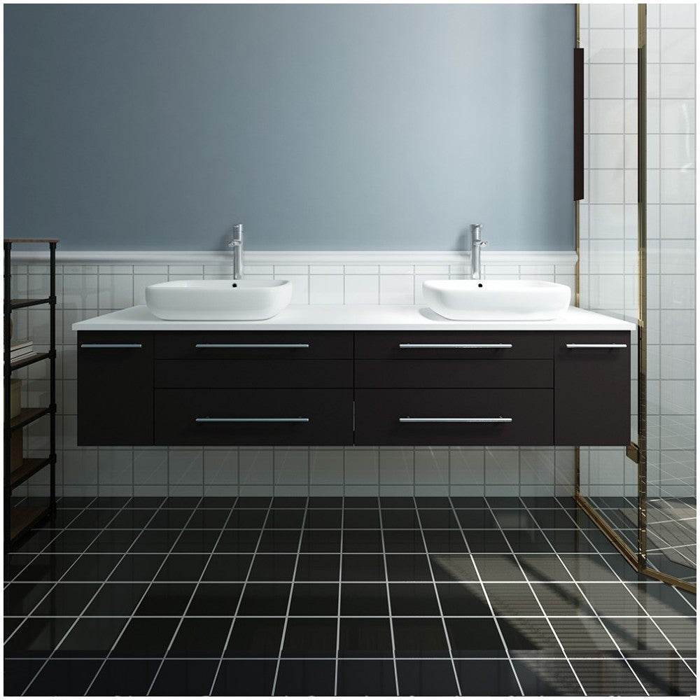 Lucera 72 Espresso Wall Hung Modern Bathroom Cabinet w/ Top, Double Vessel Sinks