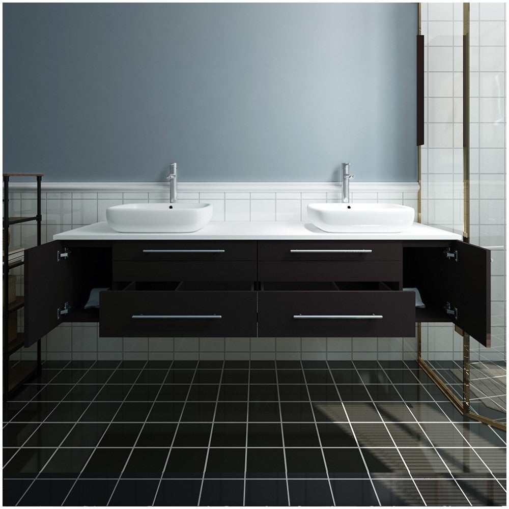 Lucera 72 Espresso Wall Hung Modern Bathroom Cabinet w/ Top, Double Vessel Sinks
