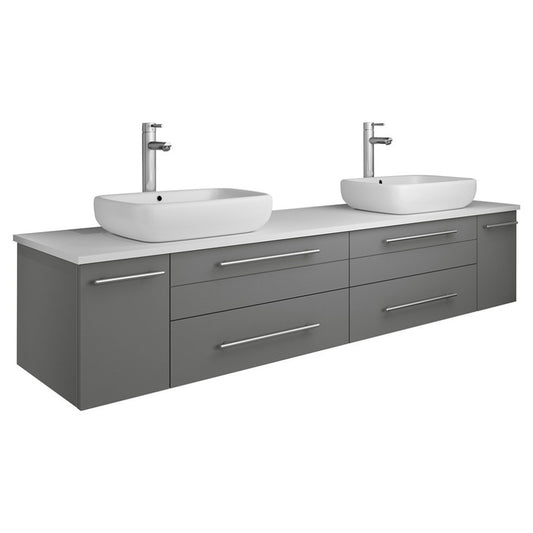 Lucera 72" Gray Wall Hung Modern Bathroom Cabinet w/ Top & Double Vessel Sinks