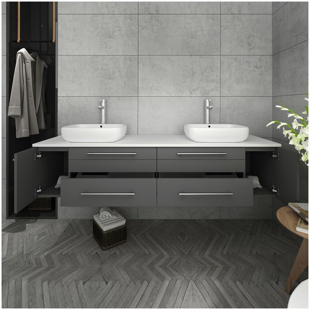 Lucera 72" Gray Wall Hung Modern Bathroom Cabinet w/ Top & Double Vessel Sinks