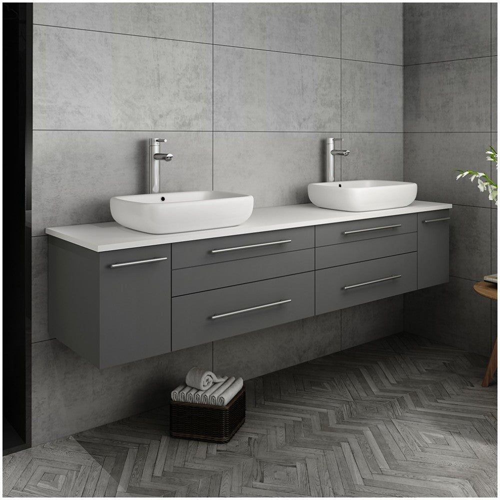 Lucera 72" Gray Wall Hung Modern Bathroom Cabinet w/ Top & Double Vessel Sinks