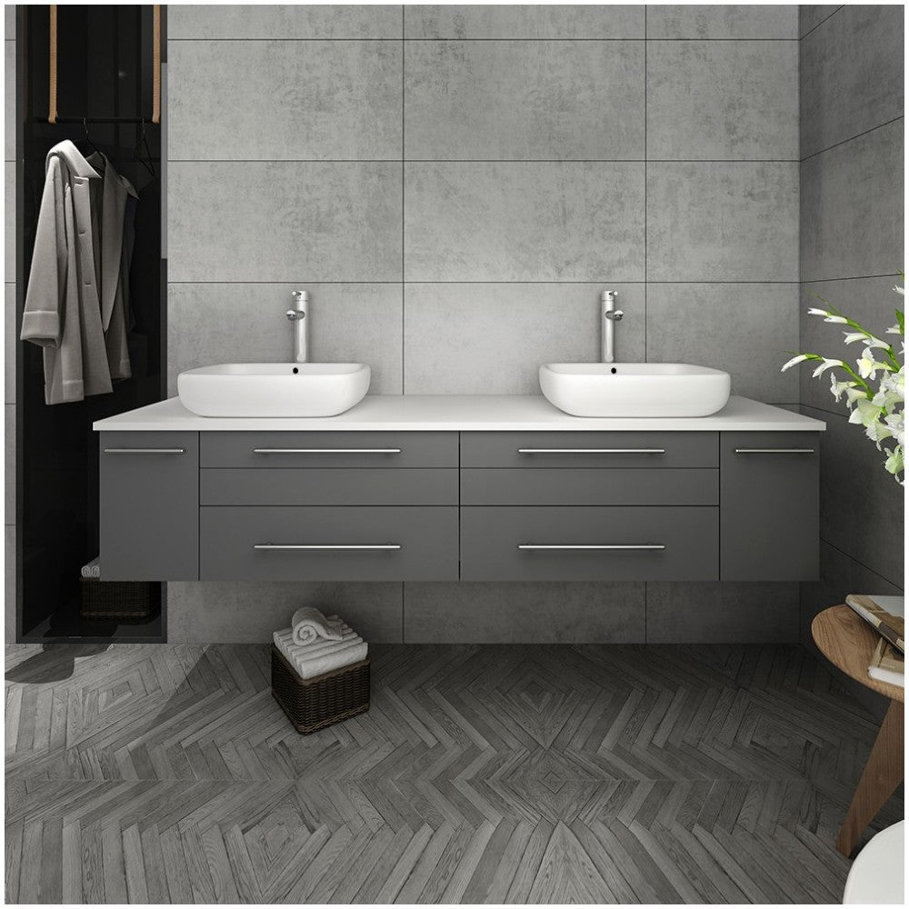Lucera 72" Gray Wall Hung Modern Bathroom Cabinet w/ Top & Double Vessel Sinks