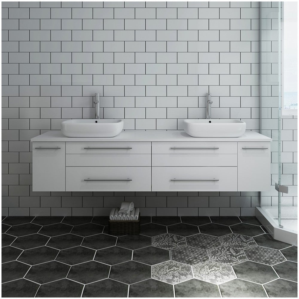 Lucera 72" White Wall Hung Modern Bathroom Cabinet w/ Top & Double Vessel Sinks