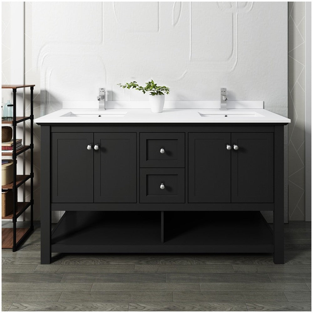 Manchester 60" Black Traditional Double Sink Bathroom Cabinet w/ Top & Sinks