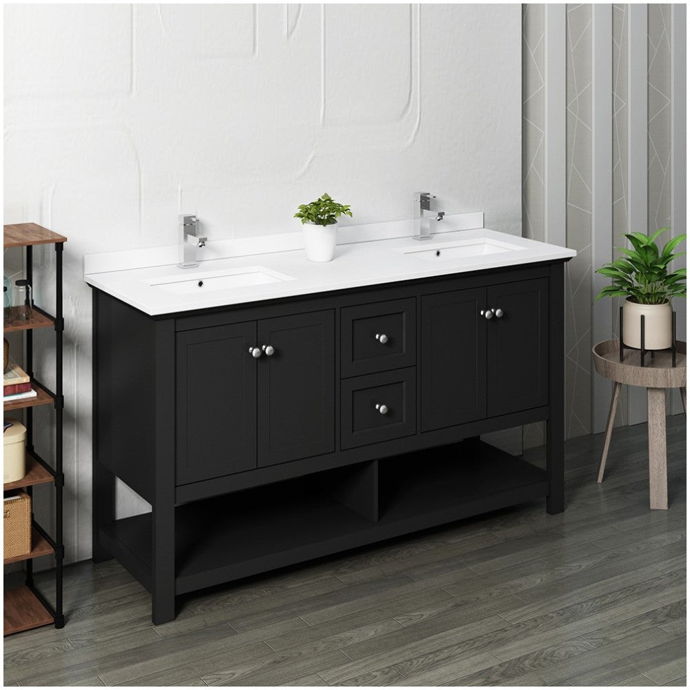 Manchester 60" Black Traditional Double Sink Bathroom Cabinet w/ Top & Sinks