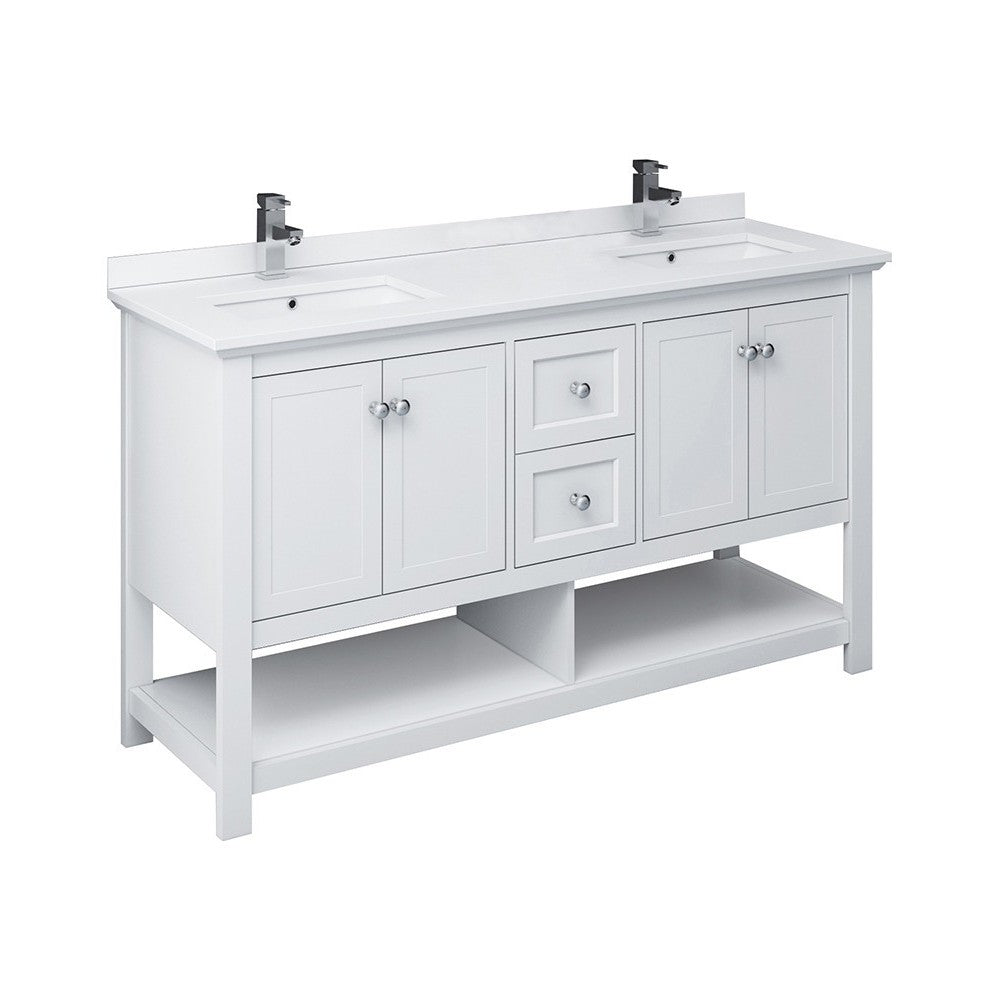 Manchester 60" White Traditional Double Sink Bathroom Cabinet w/ Top & Sinks