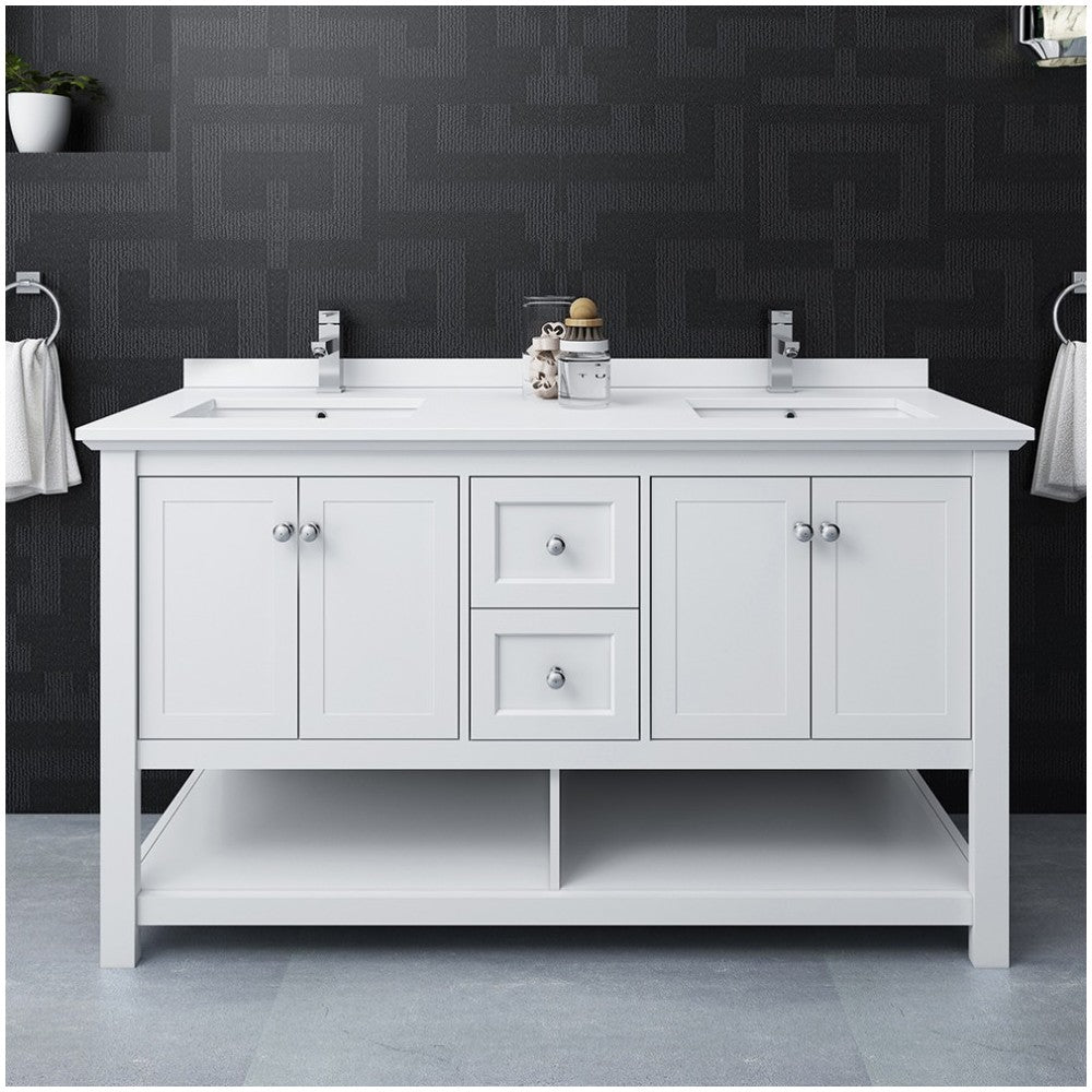 Manchester 60" White Traditional Double Sink Bathroom Cabinet w/ Top & Sinks