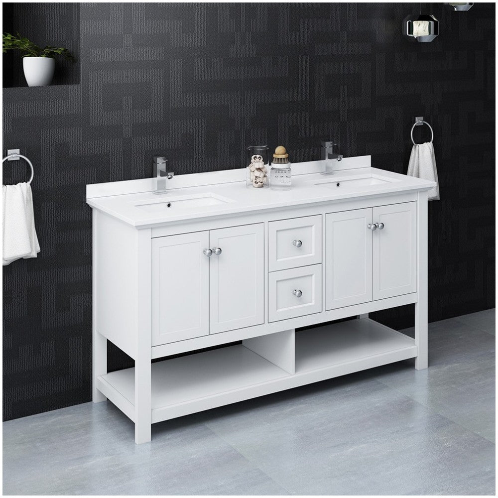 Manchester 60" White Traditional Double Sink Bathroom Cabinet w/ Top & Sinks