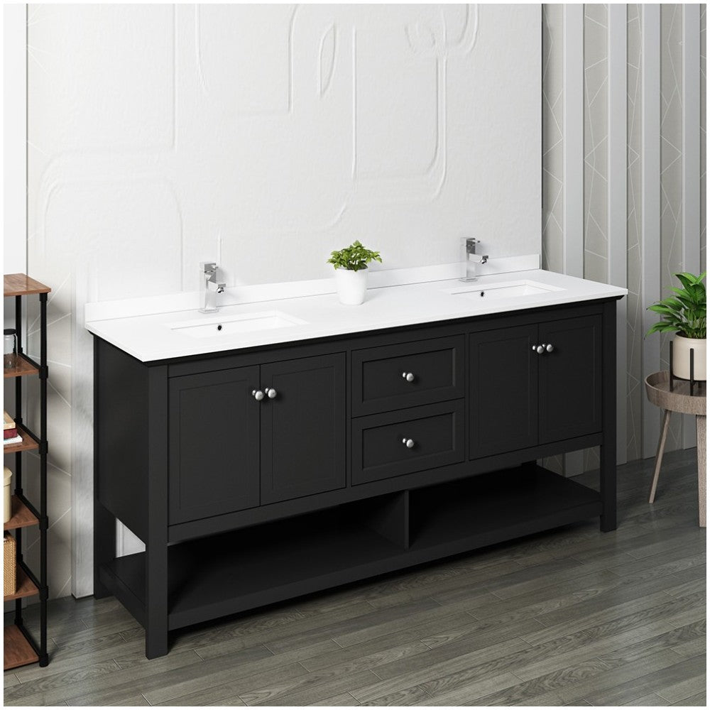 Manchester 72" Black Traditional Double Sink Bathroom Cabinet w/ Top & Sinks