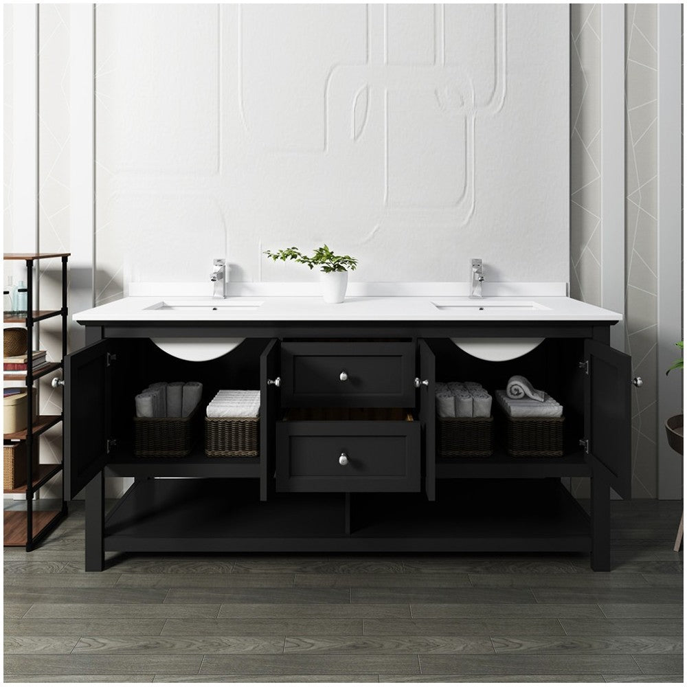 Manchester 72" Black Traditional Double Sink Bathroom Cabinet w/ Top & Sinks