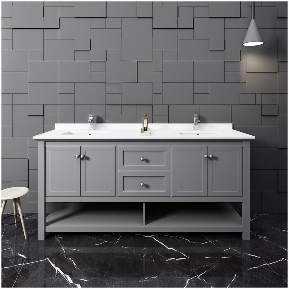 Manchester 72" Gray Traditional Double Sink Bathroom Cabinet w/ Top & Sinks