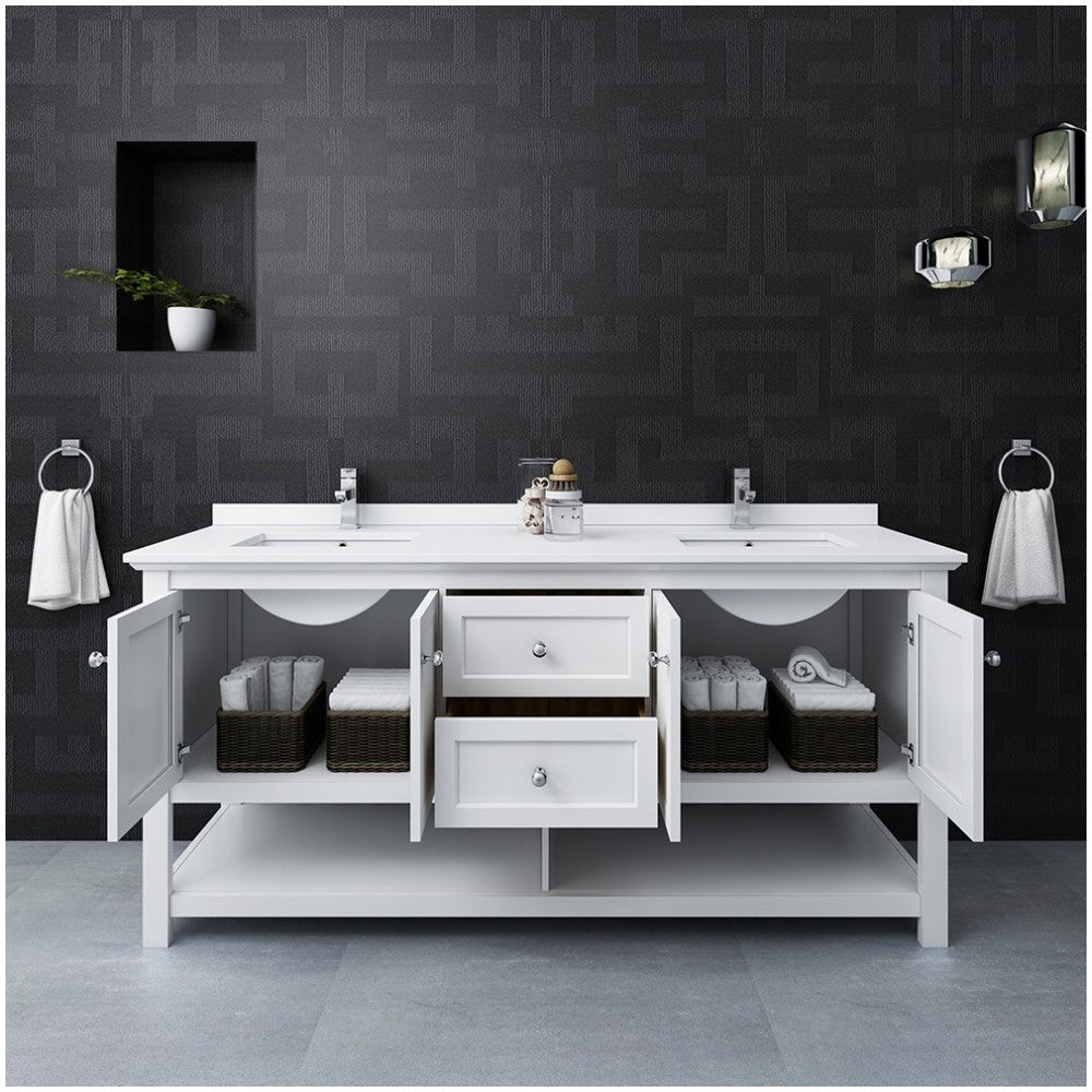 Manchester 72" White Traditional Double Sink Bathroom Cabinet w/ Top & Sinks