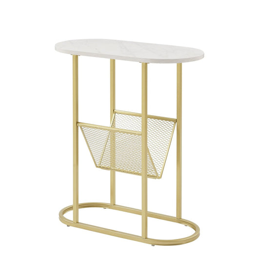 Margo 11" Oblong Side Table with Magazine Rack - Faux White Marble/Gold
