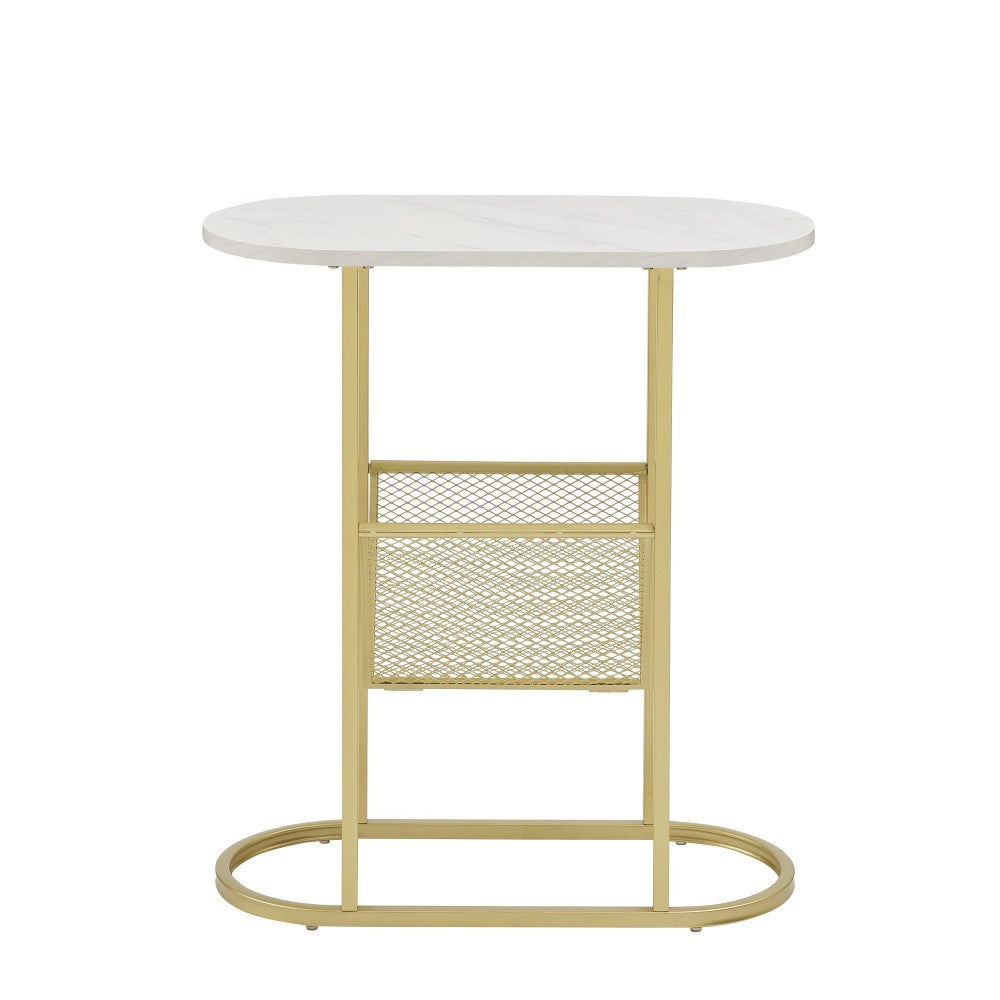 Margo 11" Oblong Side Table with Magazine Rack - Faux White Marble/Gold