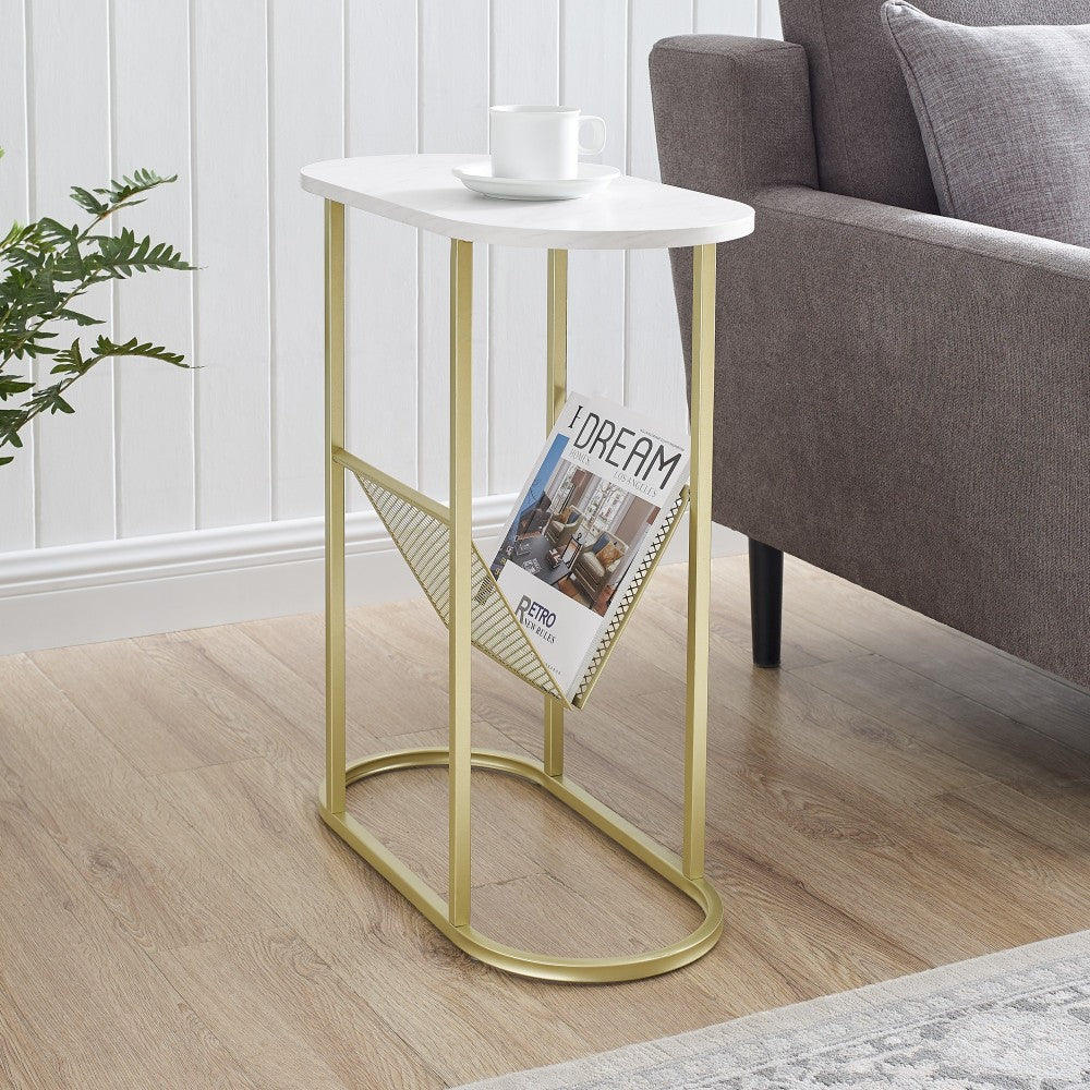 Margo 11" Oblong Side Table with Magazine Rack - Faux White Marble/Gold