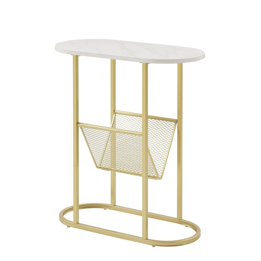 Margo 11" Oblong Side Table with Magazine Rack - Faux White Marble/Gold