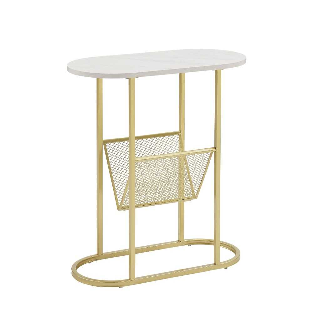 Margo 11" Oblong Side Table with Magazine Rack - Faux White Marble/Gold