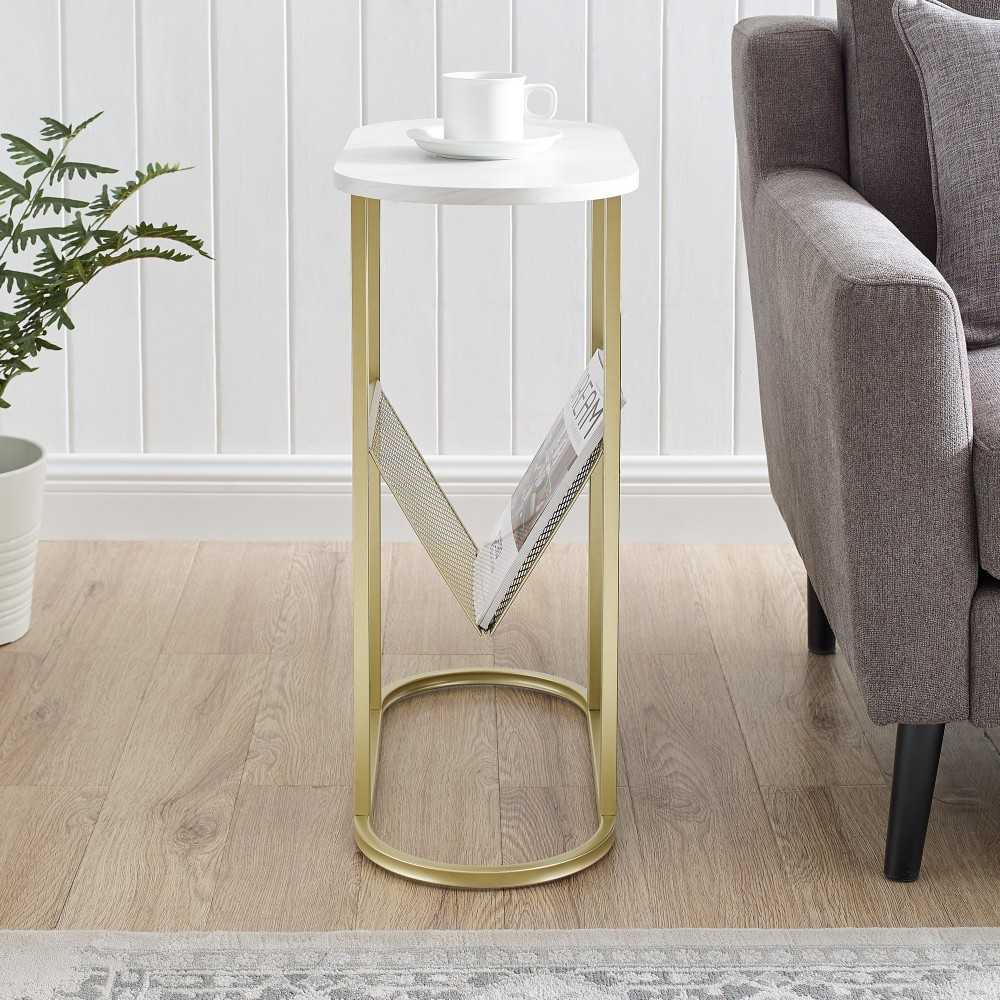 Margo 11" Oblong Side Table with Magazine Rack - Faux White Marble/Gold