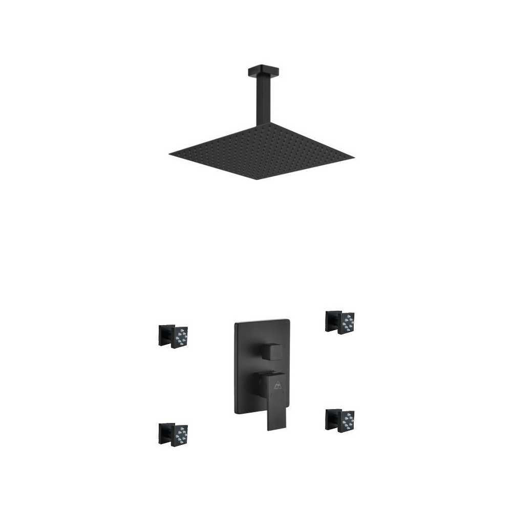 Matte Black Shower Set, 12" Ceiling Mount Square Rain Shower, 4 Body Jets